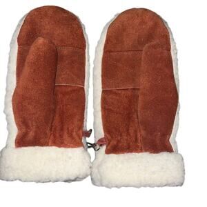 Women's Leather Brown Suede Sherpa Lined Mittens Size 6.5-7 Vintage Cottage Core